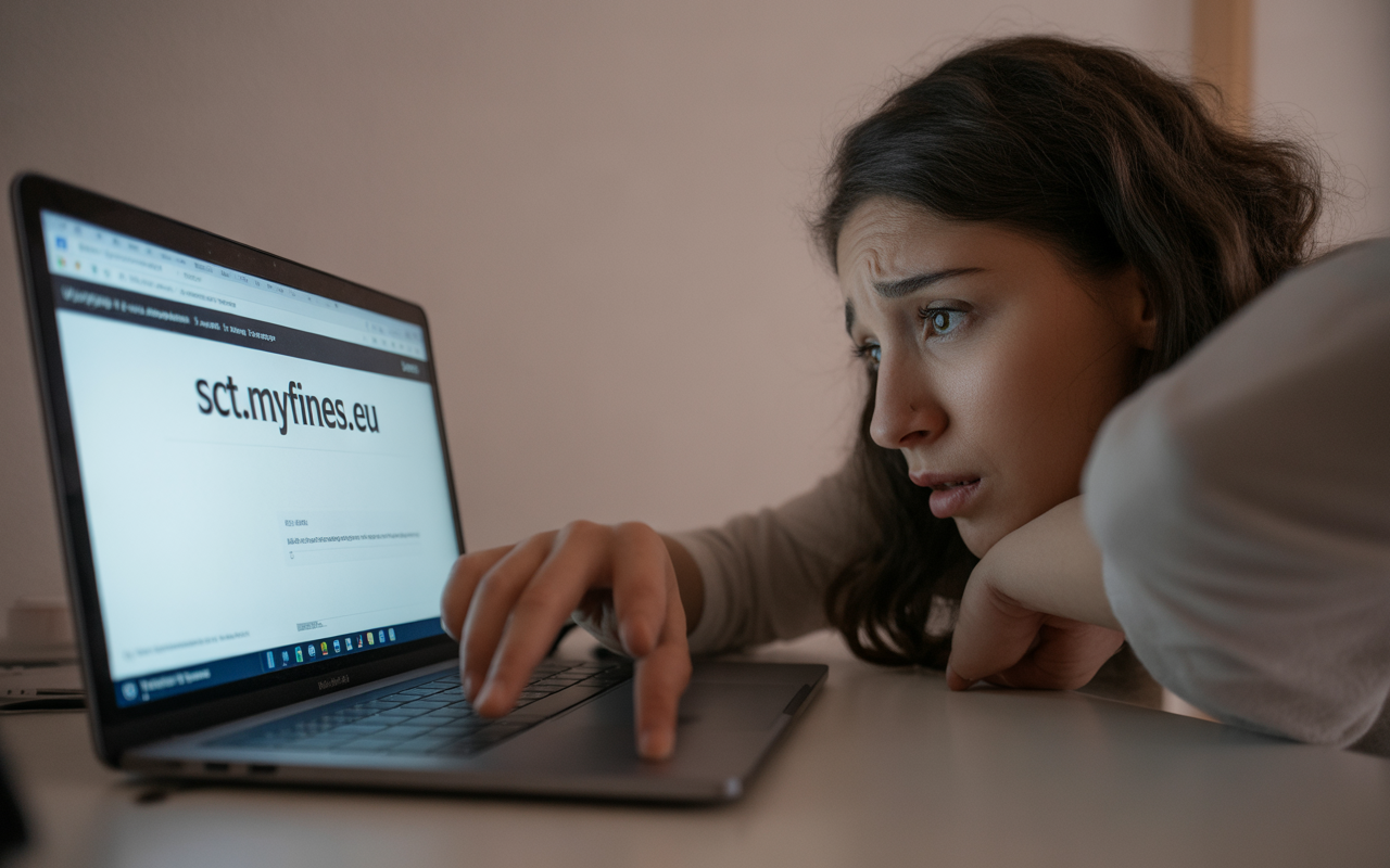 Une personne préoccupée regarde un ordinateur portable affichant le site sct.myfines.eu, suggérant une recherche d'informations.