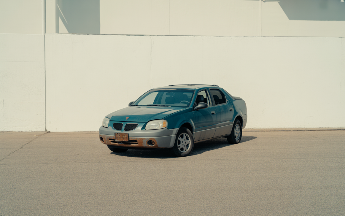 Voiture de modèle ancien, couleur bleu-vert, stationnée sur un sol asphalté, devant un mur blanc.
