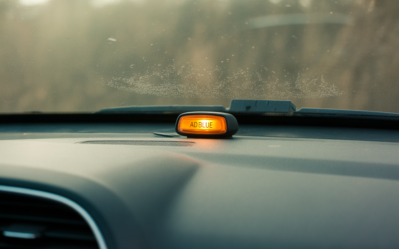 Un témoin lumineux "AD BLUE" orange sur le tableau de bord d'une voiture, avec un fond légèrement flou et des reflets.