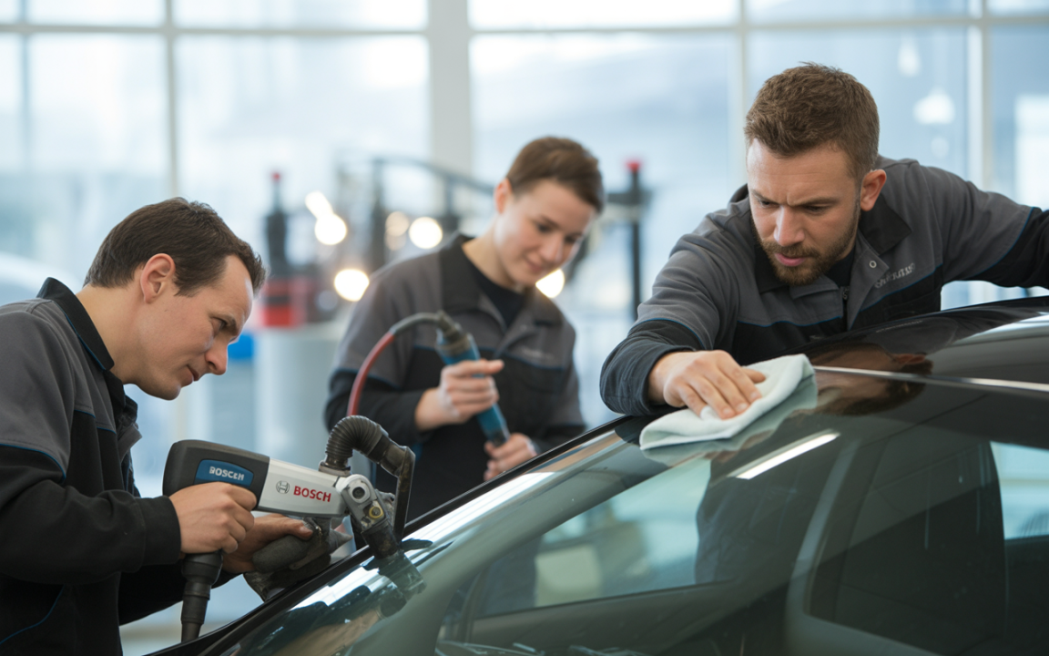 Trois techniciens automobile travaillent sur une voiture, l’un utilisant un outil électrique, les autres nettoient et polissent.