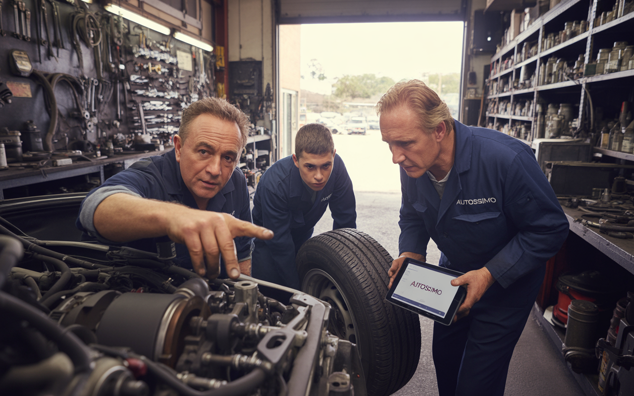 Trois mécaniciens discutent près d'une voiture avec un moteur ouvert, observant une tablette dans un atelier rempli d'outils.