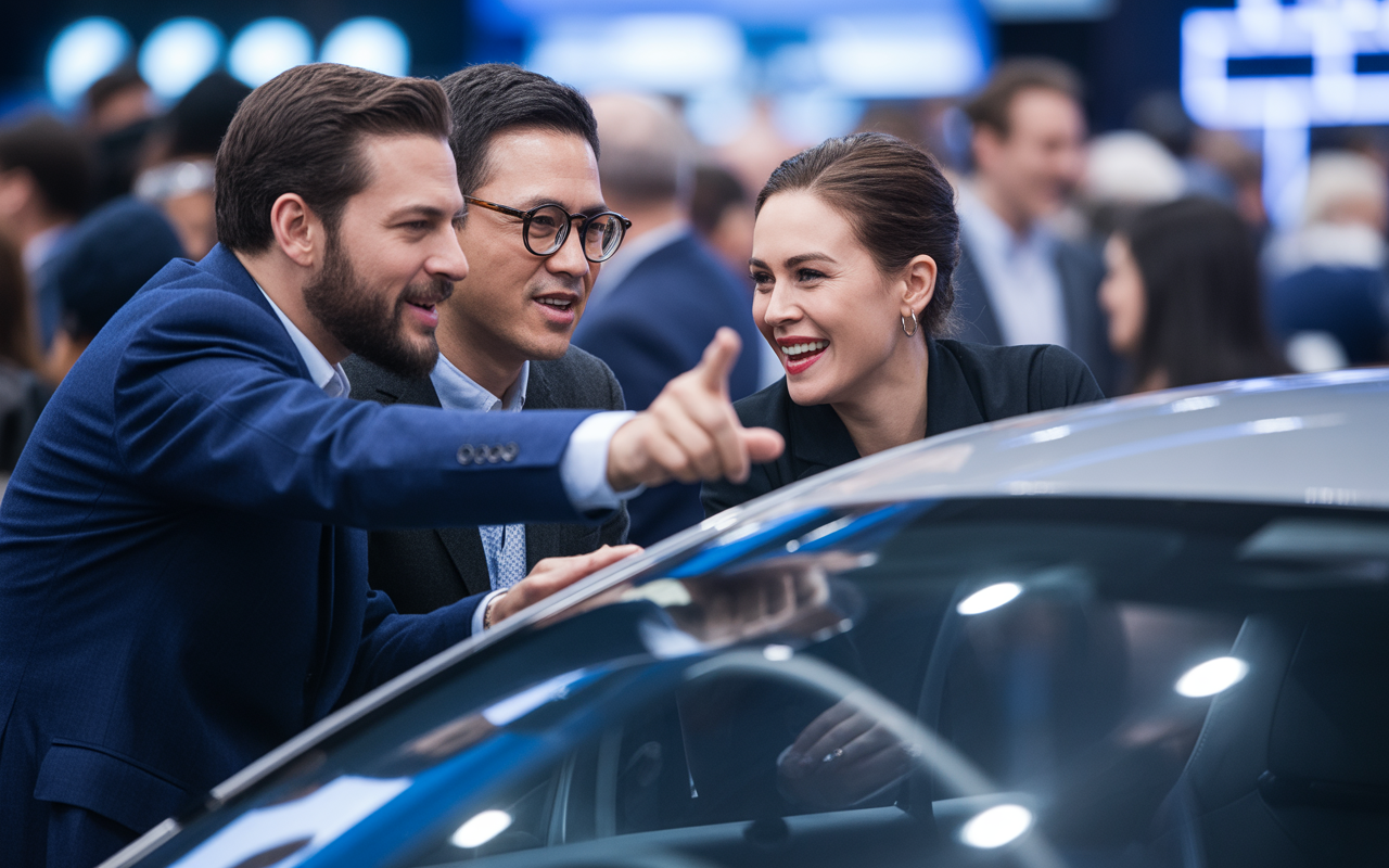 Trois professionnels discutent et sourient autour d'une voiture dans un salon, échangeant des idées et des observations.