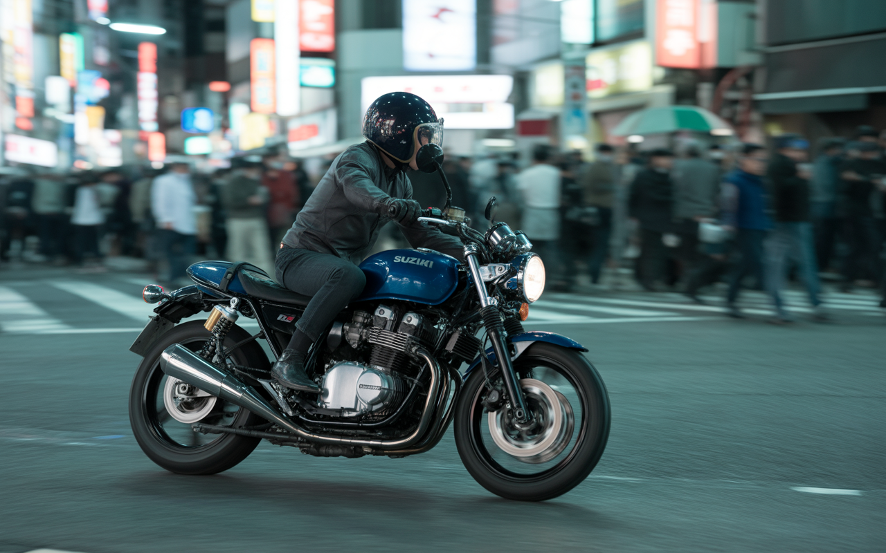 Un motard portant un casque noir roule sur une moto Suzuki bleue, en passant devant une foule dans une rue animée.