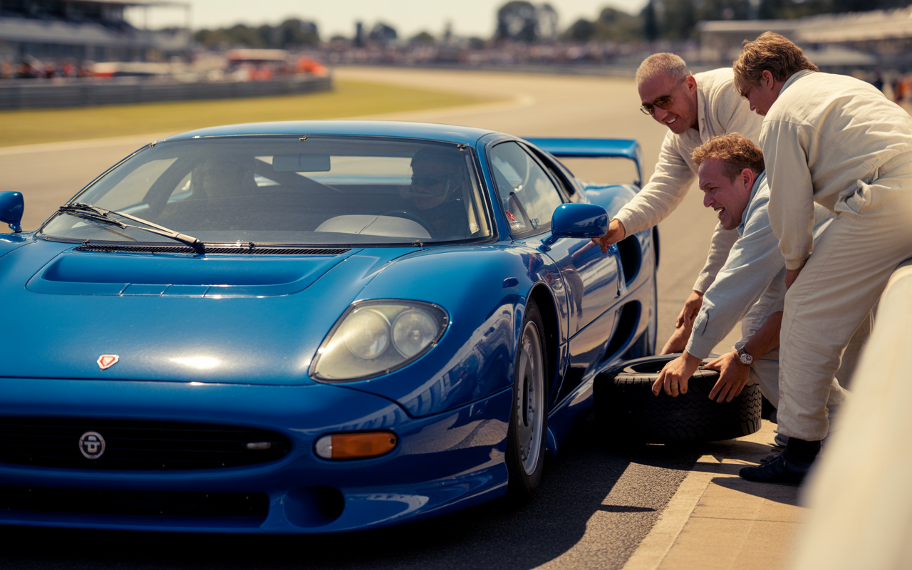 Équipe de mécaniciens changeant un pneu sur une voiture de course bleue sur un circuit. Ambiance ensoleillée et dynamique.