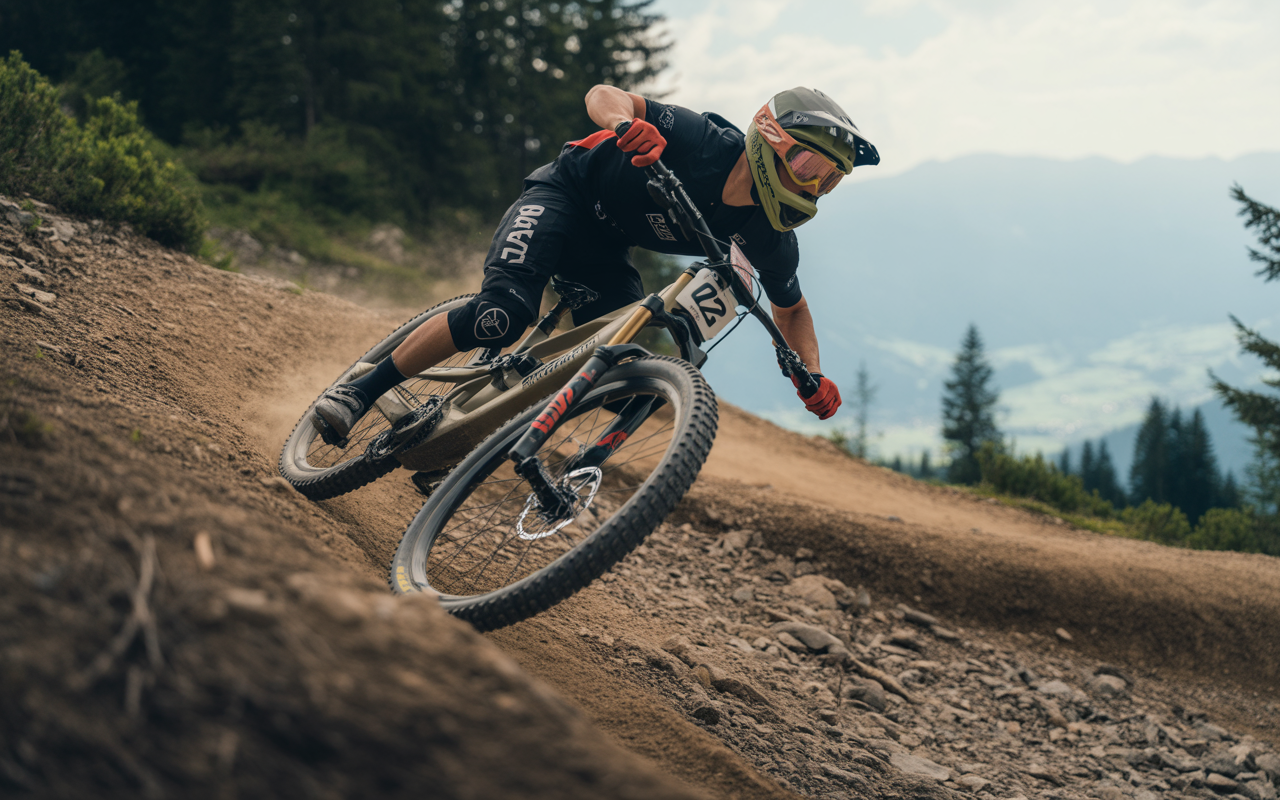 Un cycliste de montagne effectue un virage serré sur un sentier de terre, entouré de forêts et de montagnes.