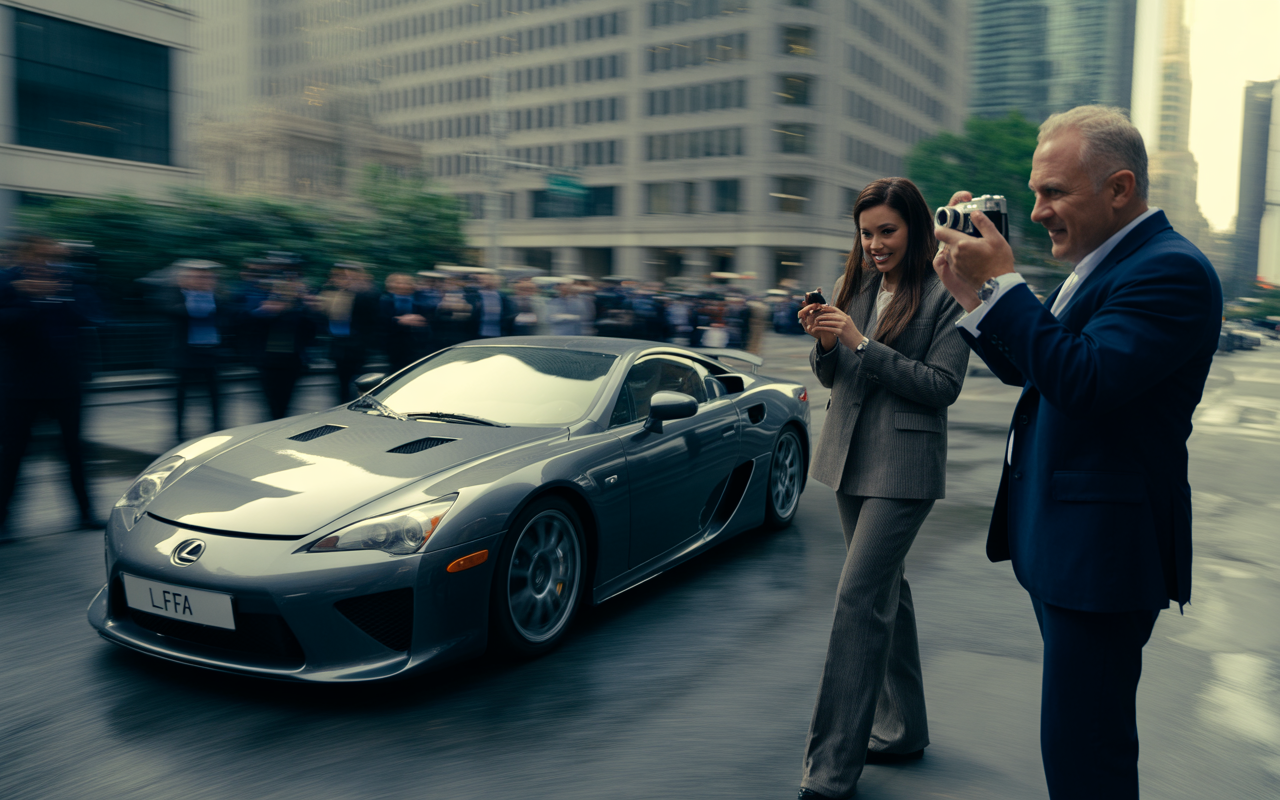 Deux personnes souriantes photographient une voiture de sport Lexus dans une rue animée, entourées de spectateurs et de bâtiments modernes.