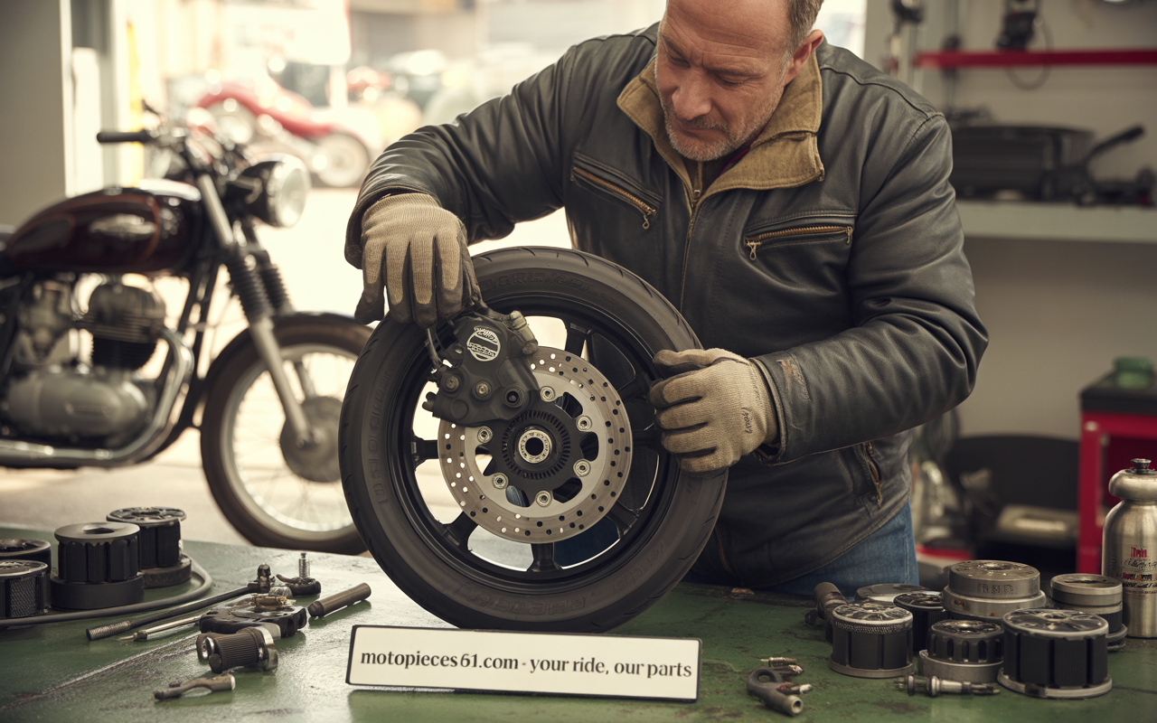 Un homme en cuir répare une roue de moto, entouré de pièces et d'outils sur un comptoir de garage.