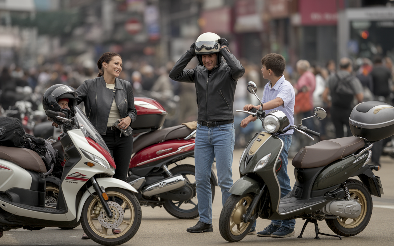 Deux personnes discutent près de scooters, un homme met un casque tandis qu'un enfant observe. Ambiance animée en arrière-plan.