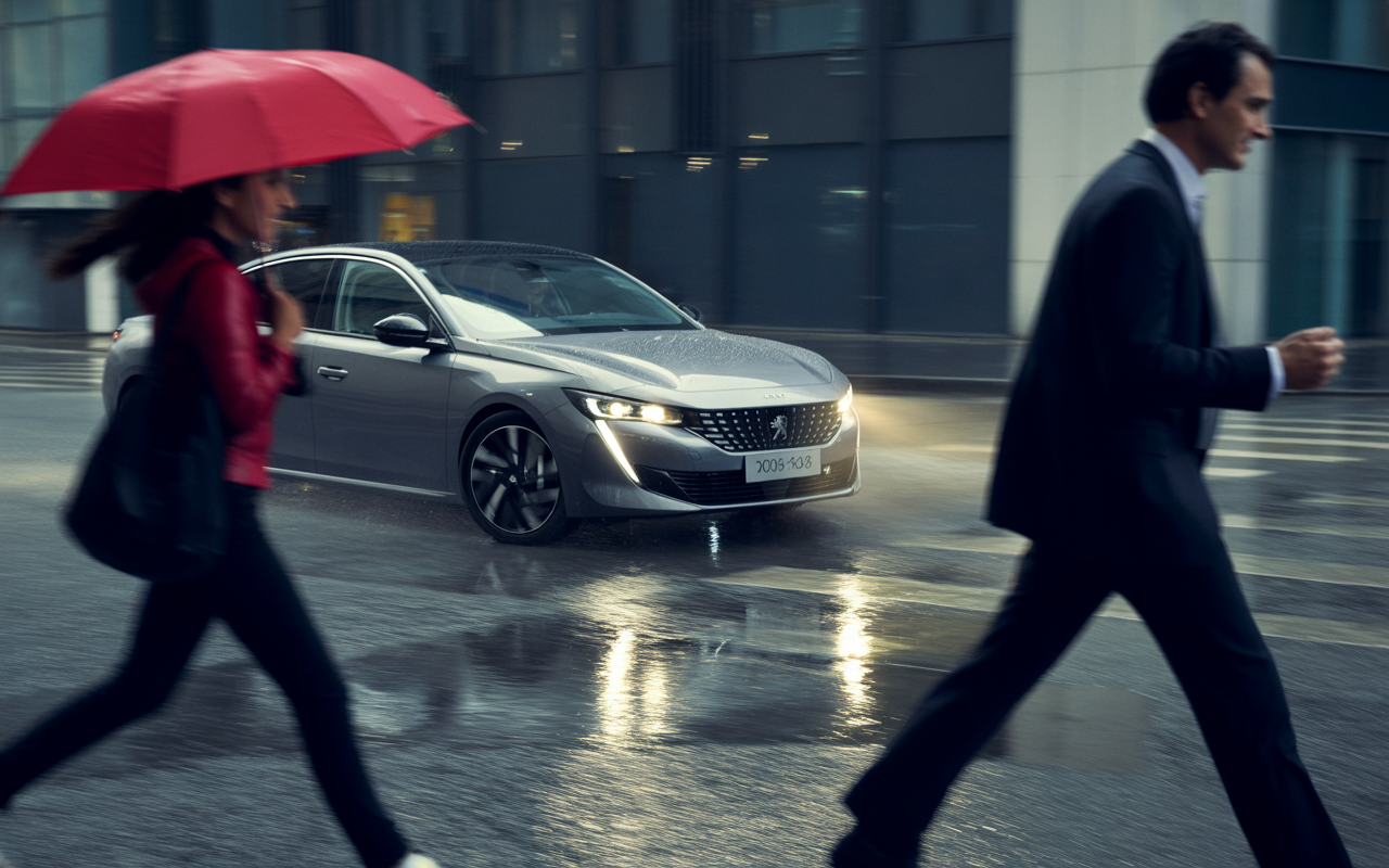 Une voiture grise roule sous la pluie, tandis qu'une femme avec un parapluie rouge et un homme en costume traversent la rue.