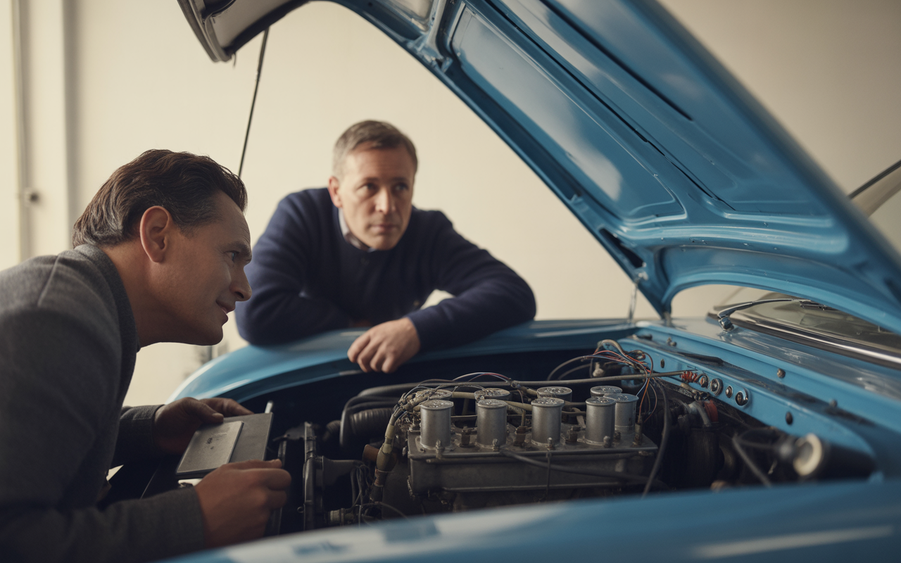 Deux hommes examinent le moteur d'une voiture ancienne, l'un tenant un objet en regardant attentivement, l'autre observant avec intérêt.
