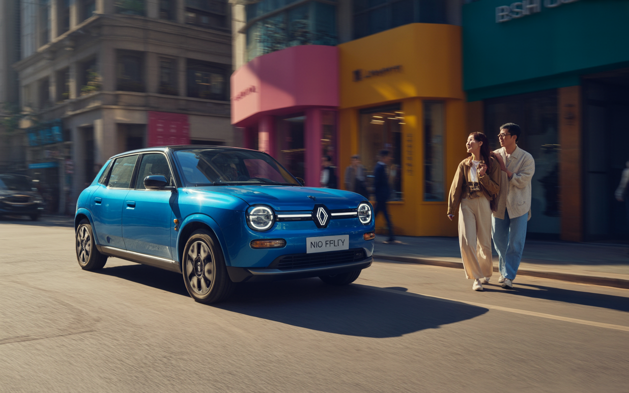Une voiture électrique bleue Renault roule dans une rue commerçante, avec deux personnes marchant joyeusement sur le trottoir.