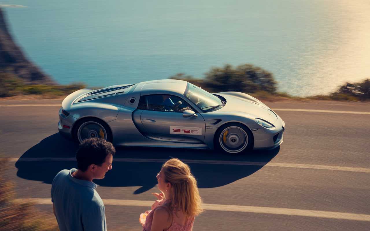 Une voiture de sport argentée roule sur une route côtière, tandis qu'un couple discute joyeusement. Vue panoramique sur la mer.