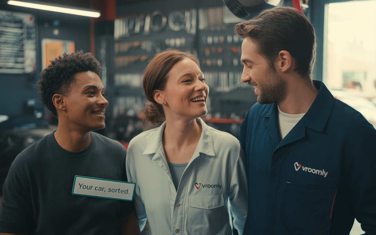 Trois personnes souriantes dans un garage automobile, portant des vĂŞtements de travail, avec un panneau affichant "Your car, sorted."
