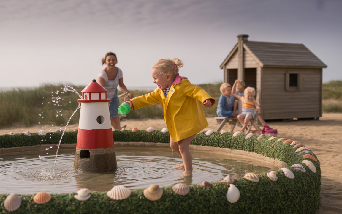 Un enfant en manteau jaune s'amuse dans une bassine avec un phare, tandis qu'une femme et d'autres enfants les observent.