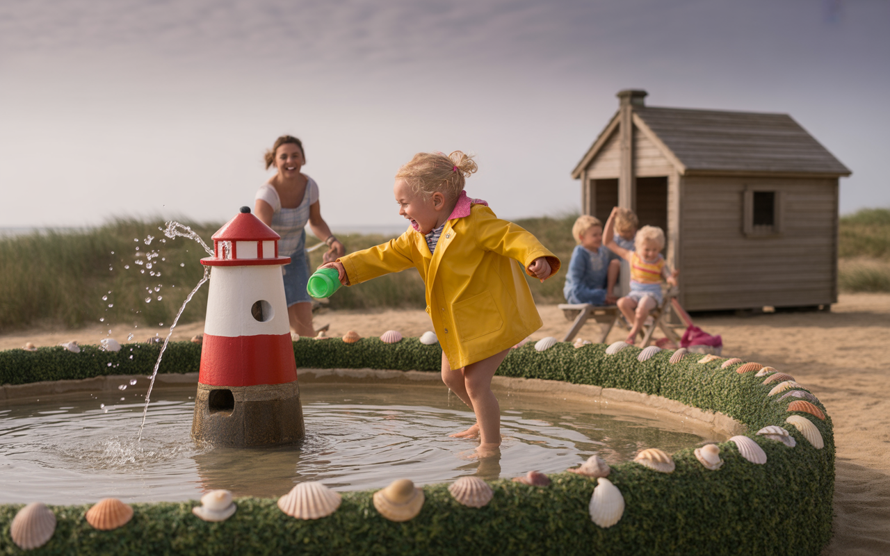 Un enfant en manteau jaune s'amuse dans une bassine avec un phare, tandis qu'une femme et d'autres enfants les observent.