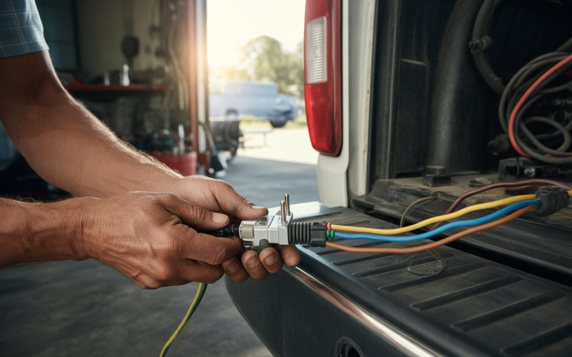 Un homme connecte un câble avec plusieurs fils à l'arrière d'un véhicule dans un garage. Lumière douce en arrière-plan.