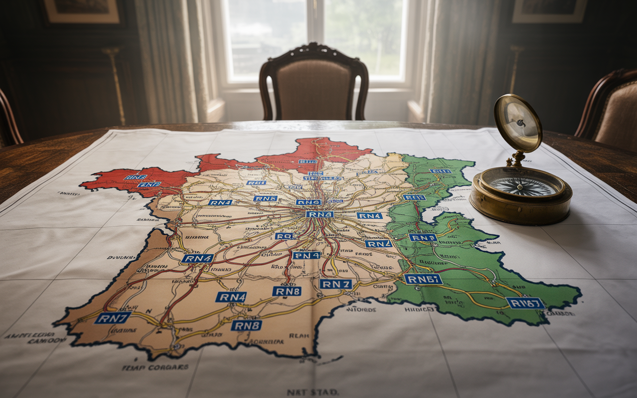 Une carte de France détaillée, avec routes et régions colorées, flottant sur une table en bois avec une boussole à côté.