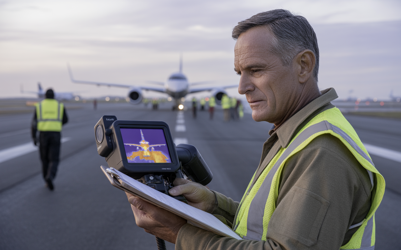Un homme en gilet de sécurité observe un écran thermique, avec un avion en arrière-plan sur la piste d'aéroport.