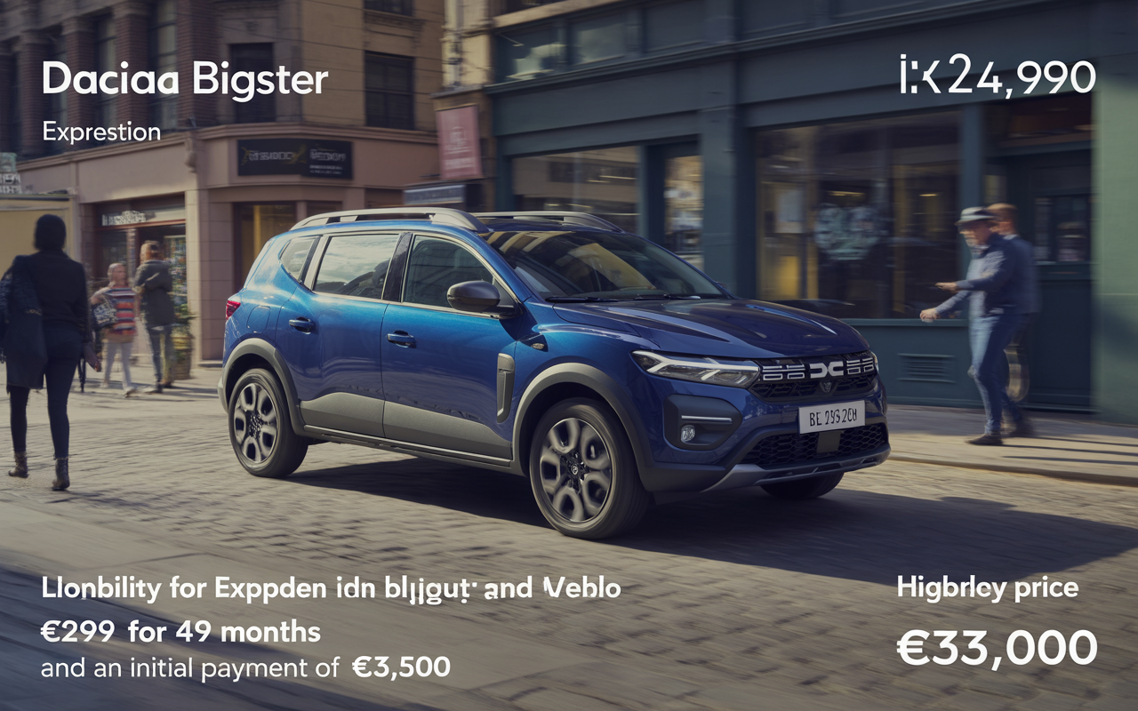 Dacia Bigster Expression, SUV bleu garé sur une rue avec piétons, affichant des informations de prix et de paiement.
