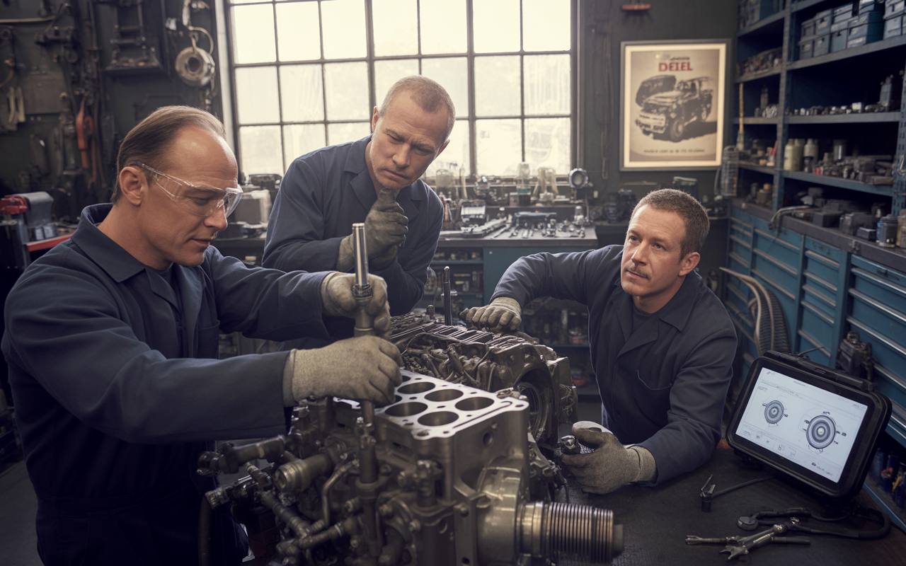 Trois mécaniciens travaillent ensemble sur un moteur dans un atelier, avec des outils et un écran affichant des données techniques.