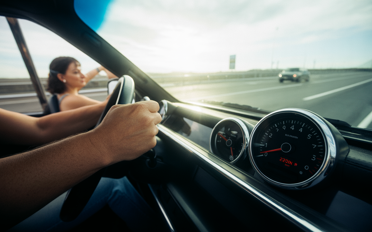 Un conducteur tient le volant d'une voiture sur une route ensoleillée, avec des instruments de bord visibles.