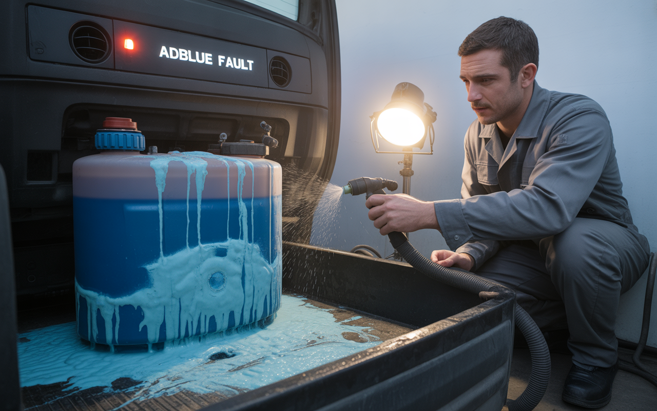 Un mécanicien remplit un réservoir AdBlue dans un véhicule, avec du liquide s'écoulant sur le sol, sous un éclairage intense.