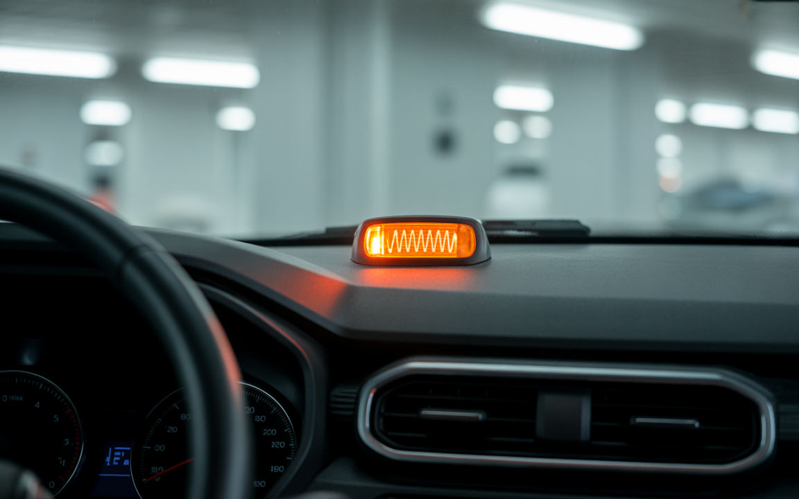 Un tableau de bord d'automobile avec un voyant orange allumé, montrant une alerte, dans un environnement de stationnement éclairé.
