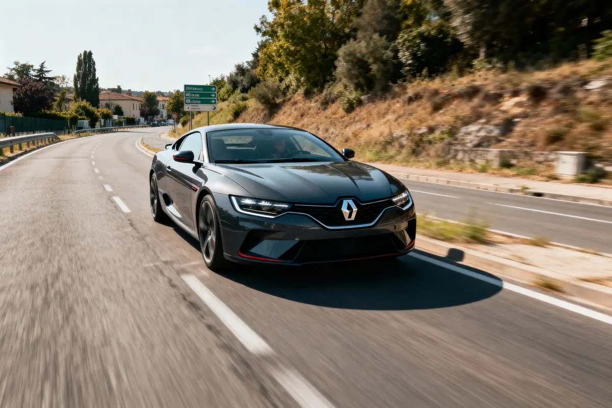Voiture grise Renault roulant sur une route bordée de nature et bâtiments. Panneaux indicateurs visibles.