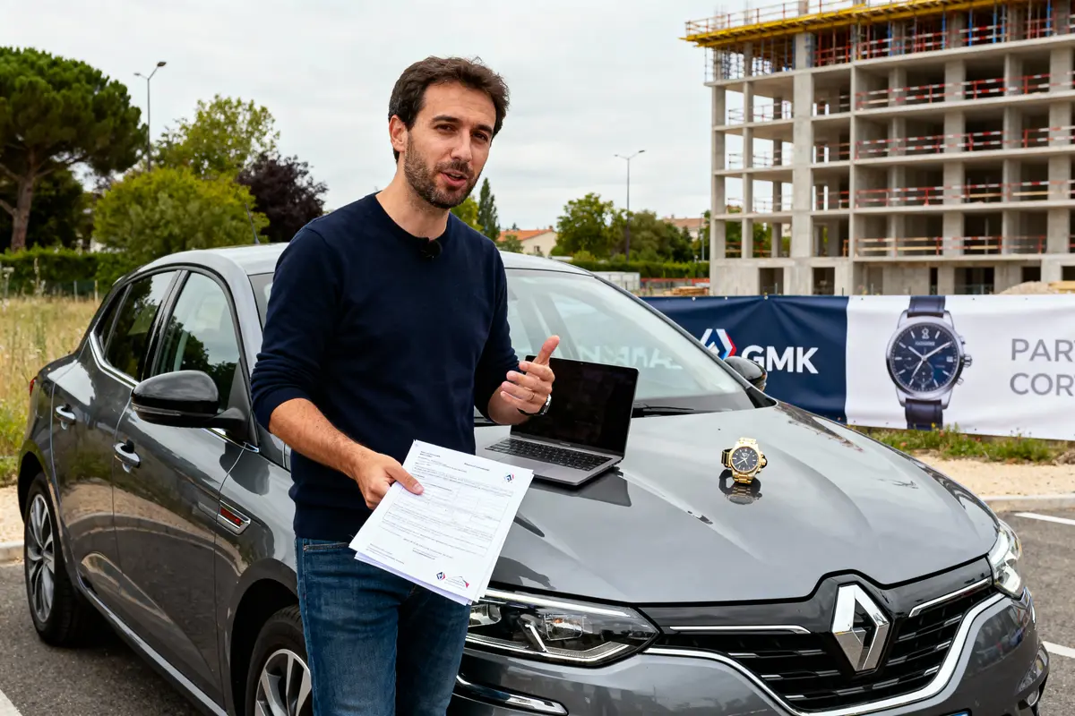 Homme devant une voiture Renault grise avec documents, ordinateur portable et montre posés sur le capot.