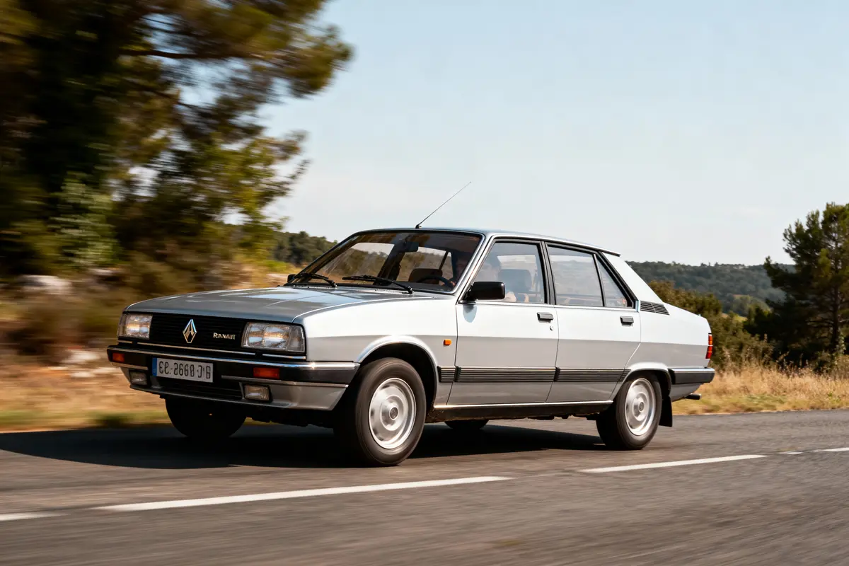 Voiture blanche classique, modèle Renault 18, roulant sur route bordée d'arbres et champs. Paysage en arrière-plan.