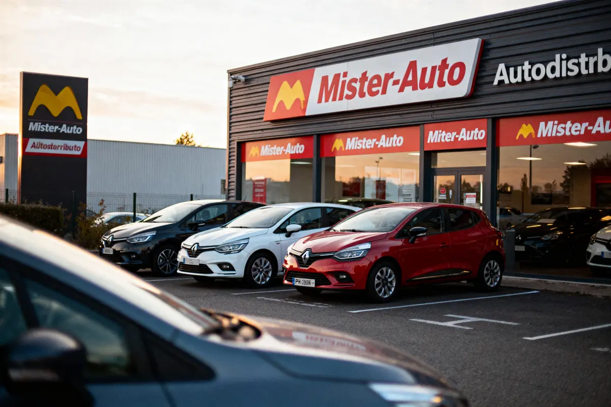 Devanture de magasin Mister-Auto avec plusieurs voitures stationnées, dont une rouge et une blanche.