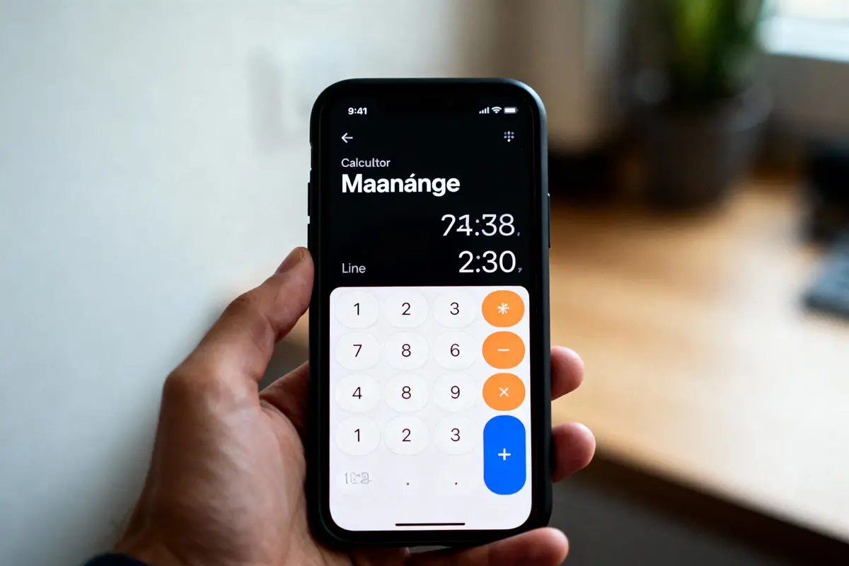 Main tenant un smartphone affichant une calculatrice avec des touches colorées et des chiffres sur l'écran.