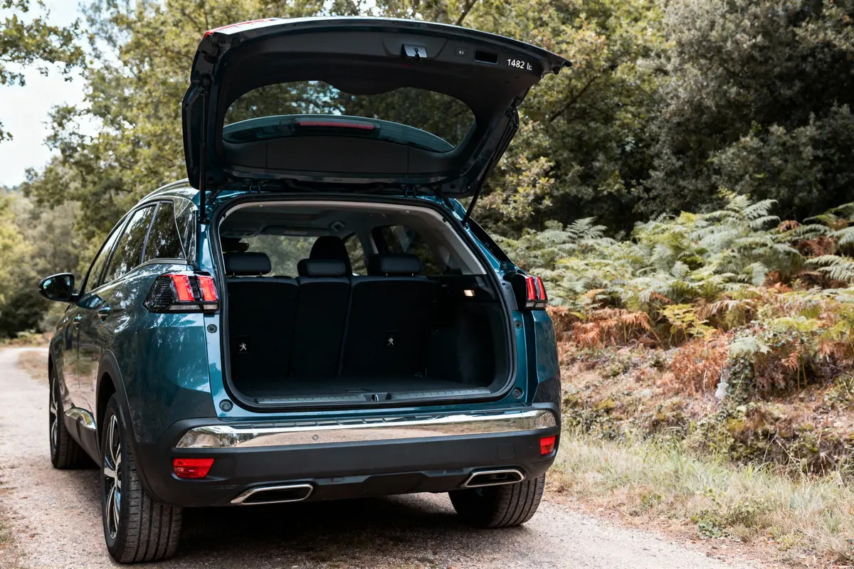 SUV bleu avec coffre ouvert, garé sur un chemin forestier, entouré de végétation verte et buissons.