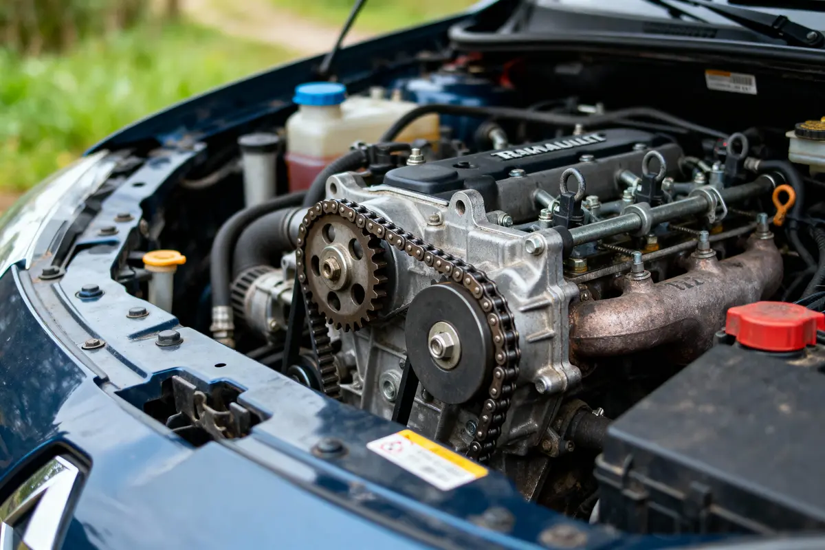 Moteur de voiture en gros plan, montrant la chaîne de distribution, et divers composants mécaniques sous le capot ouvert.