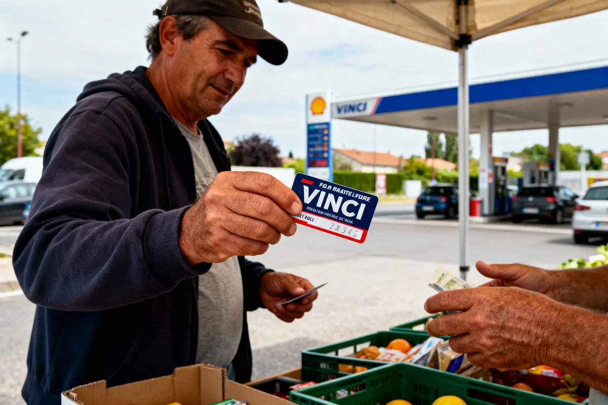 Homme échange ticket Vinci au marché d'un stand avec légumes, près d'une station-service en arrière-plan.