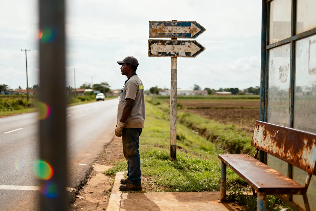 Homme debout près de panneaux routiers usés, route rurale, abribus rouillé, voiture lointaine, ciel nuageux.