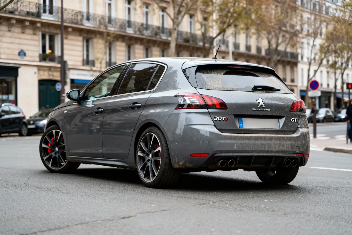 Voiture grise Peugeot 308 GTI garée rue urbaine, immeubles en arrière-plan, voitures stationnées autour.