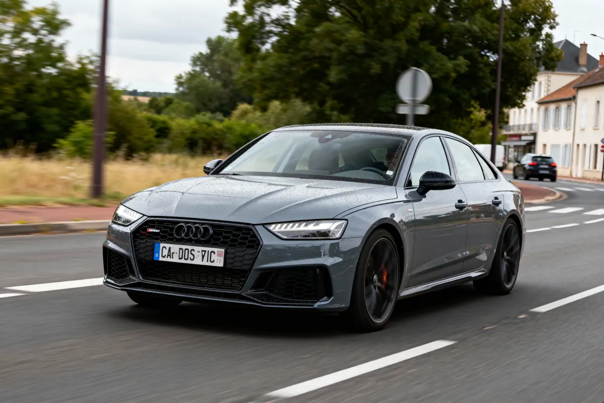 Voiture Audi grise roulant sur route, entourée de végétation et bâtiments en arrière-plan.