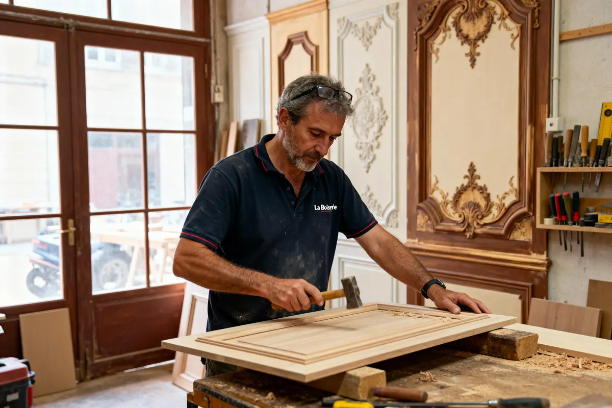 Homme travaillant le bois dans un atelier, utilisant un marteau, entouré de sculptures décoratives.