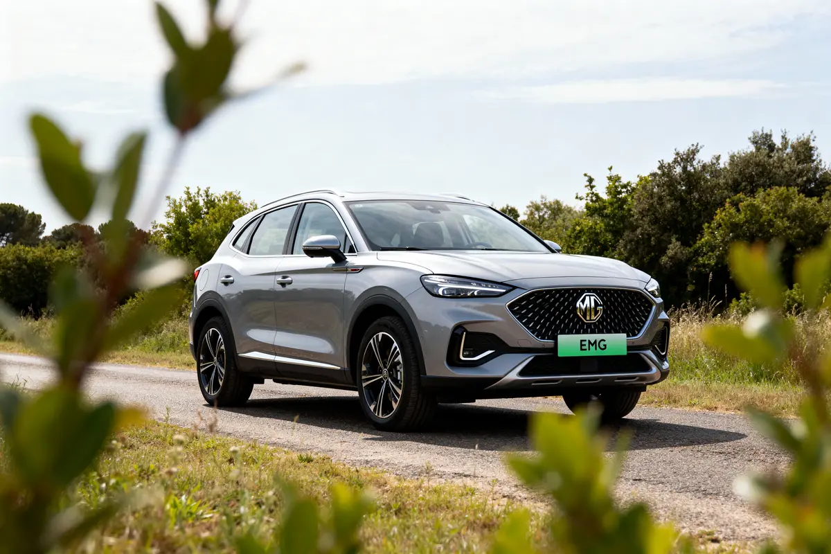 SUV gris sur une route de campagne, entouré de végétation verte et ciel en arrière-plan.