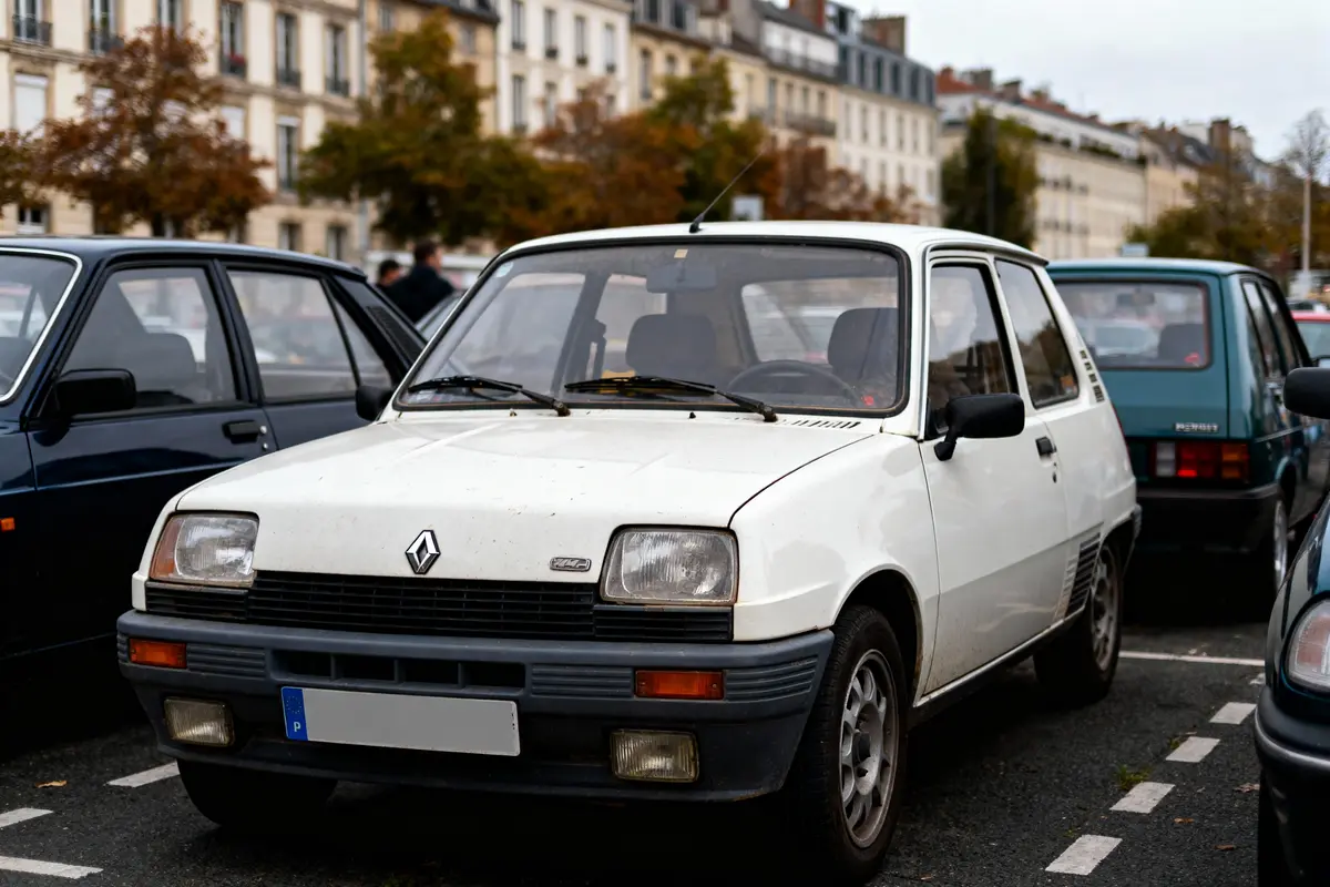Voiture blanche Renault des années 80 garée dans un parking, entourée d'autres véhicules. Bâtiments en arrière-plan.