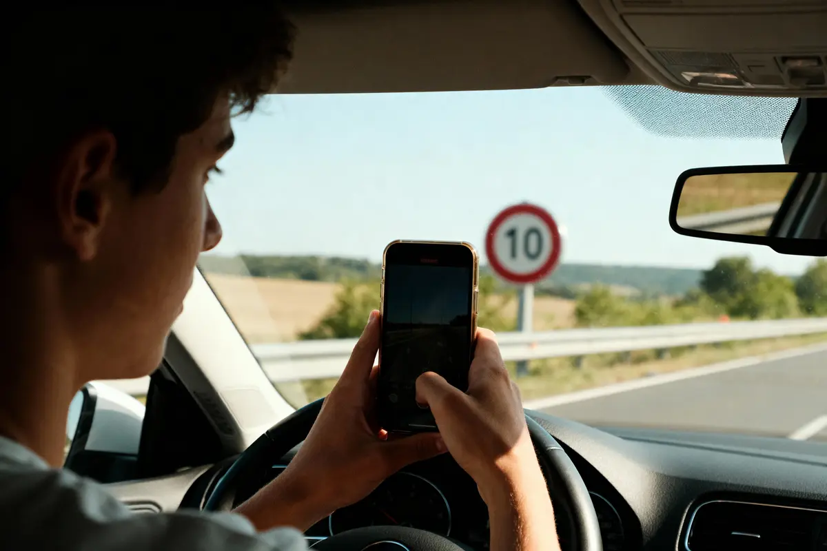 Homme conduisant, utilisant smartphone, panneau limitant vitesse à 10 km/h, route ensoleillée, paysage flou en arrière-plan.