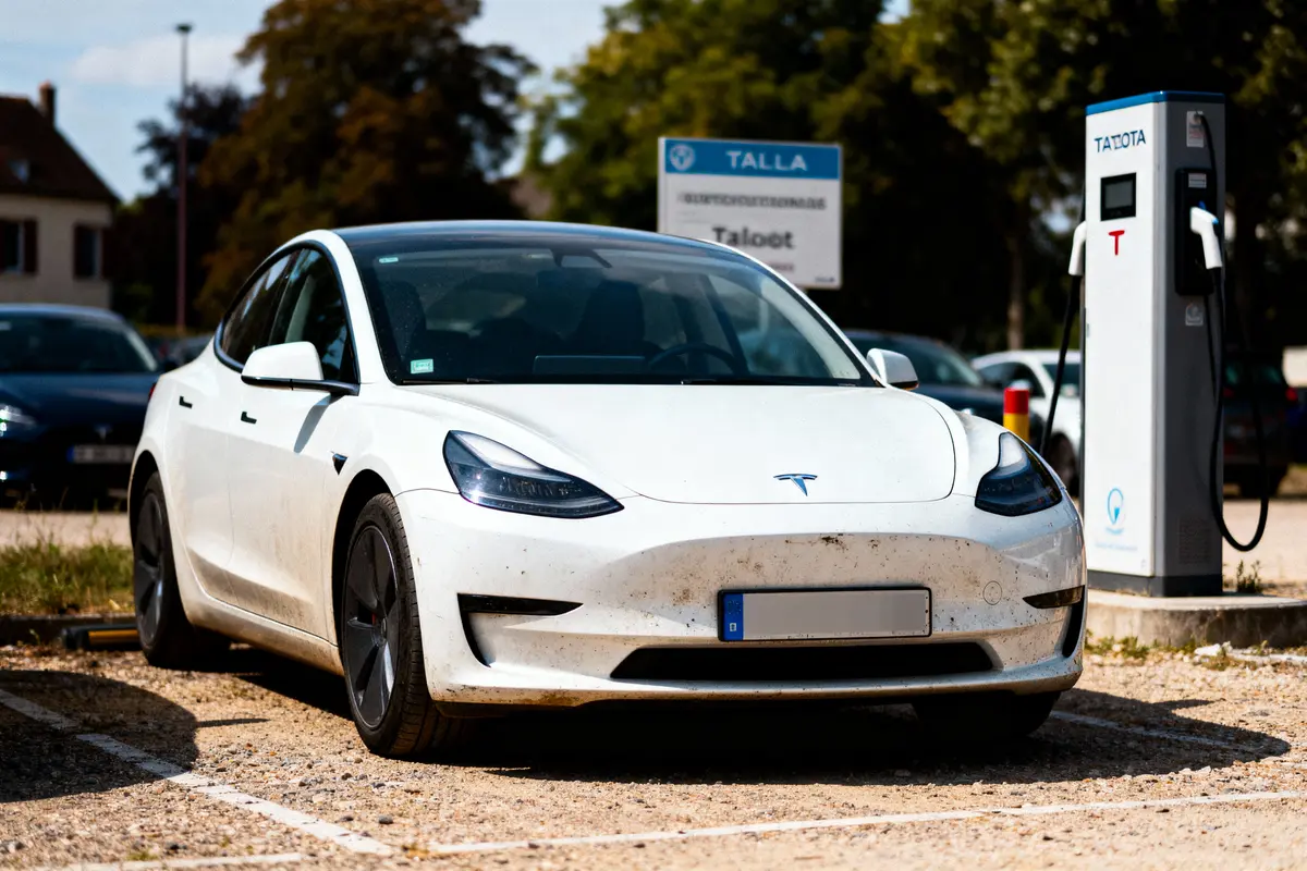 Voiture électrique blanche en train de se recharger à une borne, stationnement extérieur, journée ensoleillée.