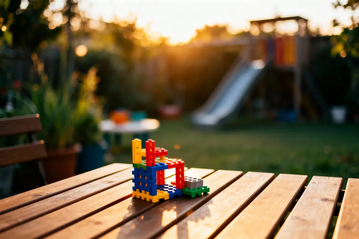 Blocs de construction colorés sur table en bois, arrière-plan de jardin flou avec glissière, au coucher du soleil.