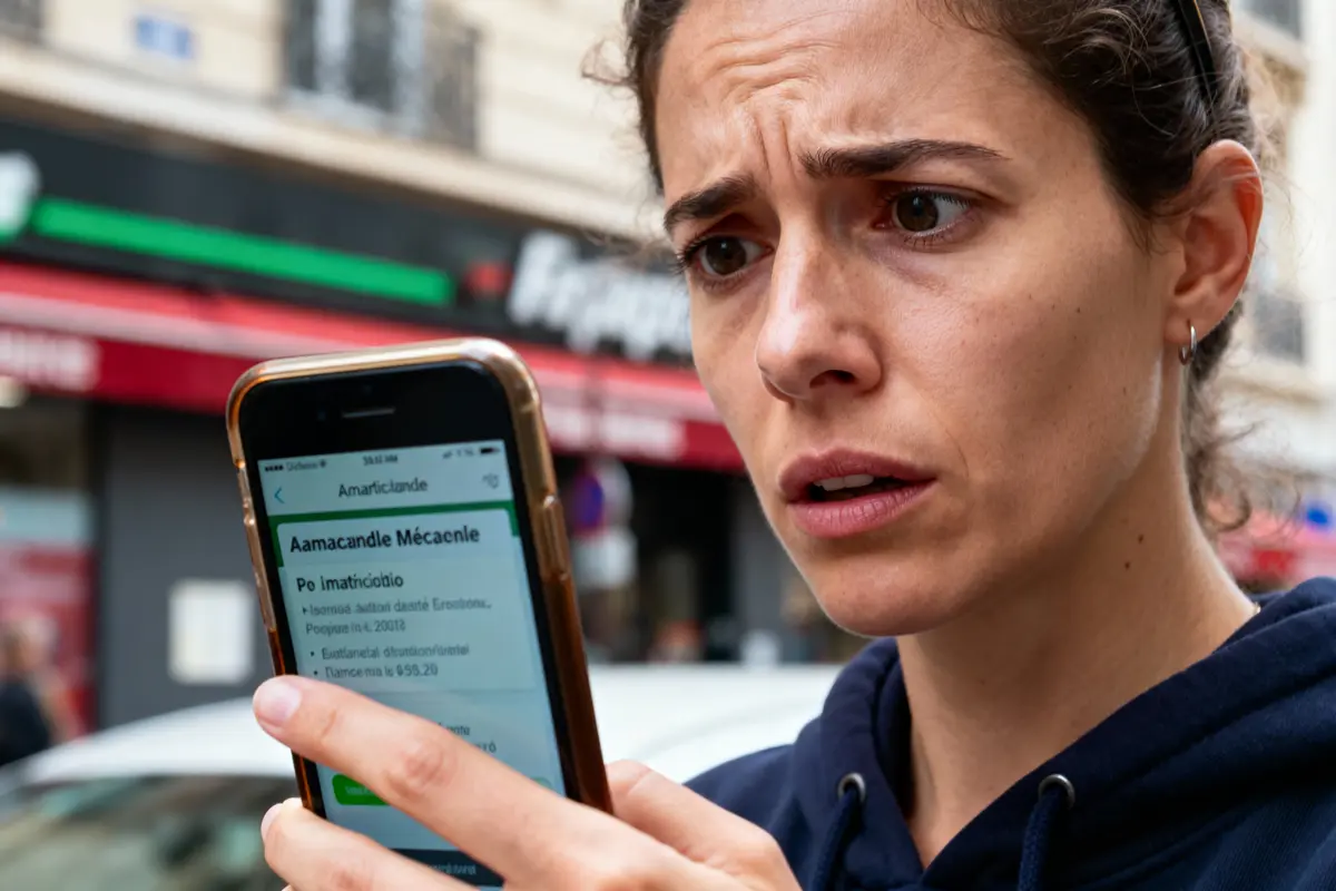 Femme inquiète regardant un smartphone en jouant à un jeu. Arrière-plan flou urbain, enseignes de magasins visibles.
