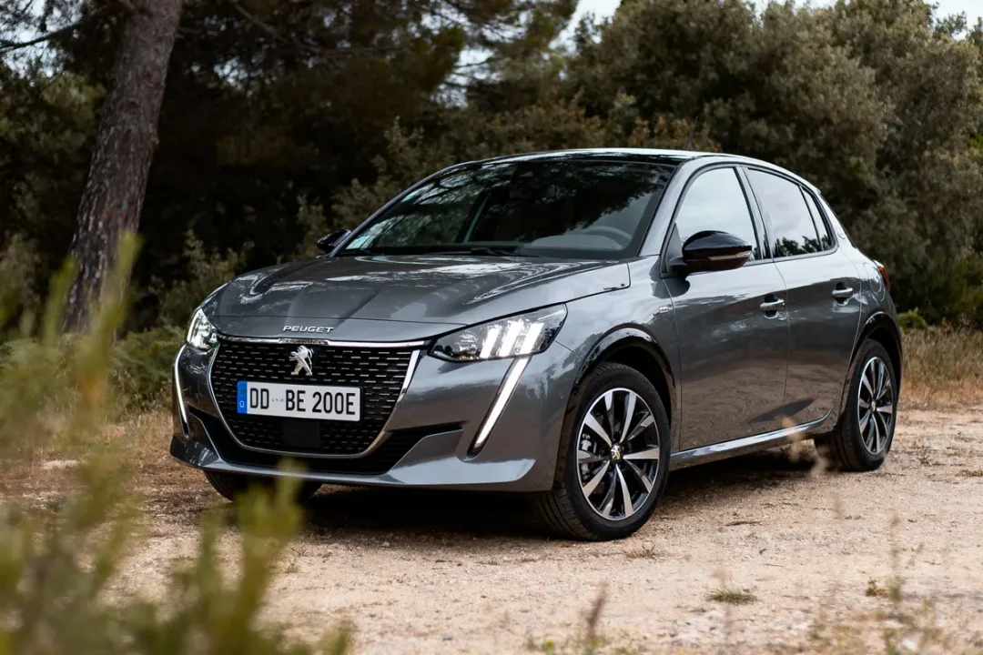 Voiture Peugeot grise stationnée sur un chemin en forêt, dans un environnement naturel boisé.