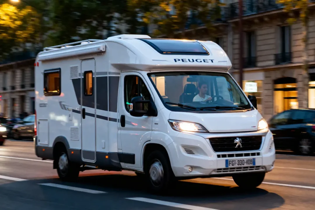 Camping-car blanc Peugeot roulant en ville, passager visible, bâtiments et arbres en arrière-plan, rue éclairée.