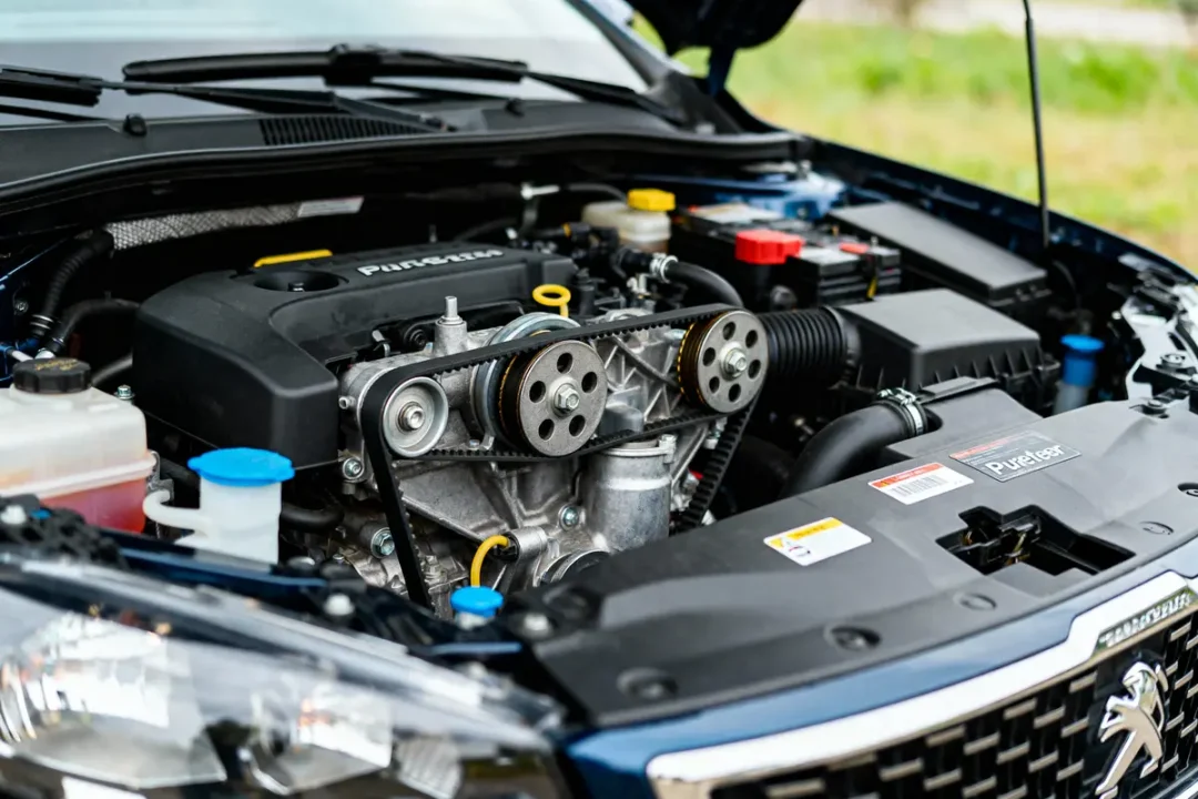 Moteur de voiture Peugeot avec capot ouvert, montrant courroie de distribution et divers composants mécaniques.