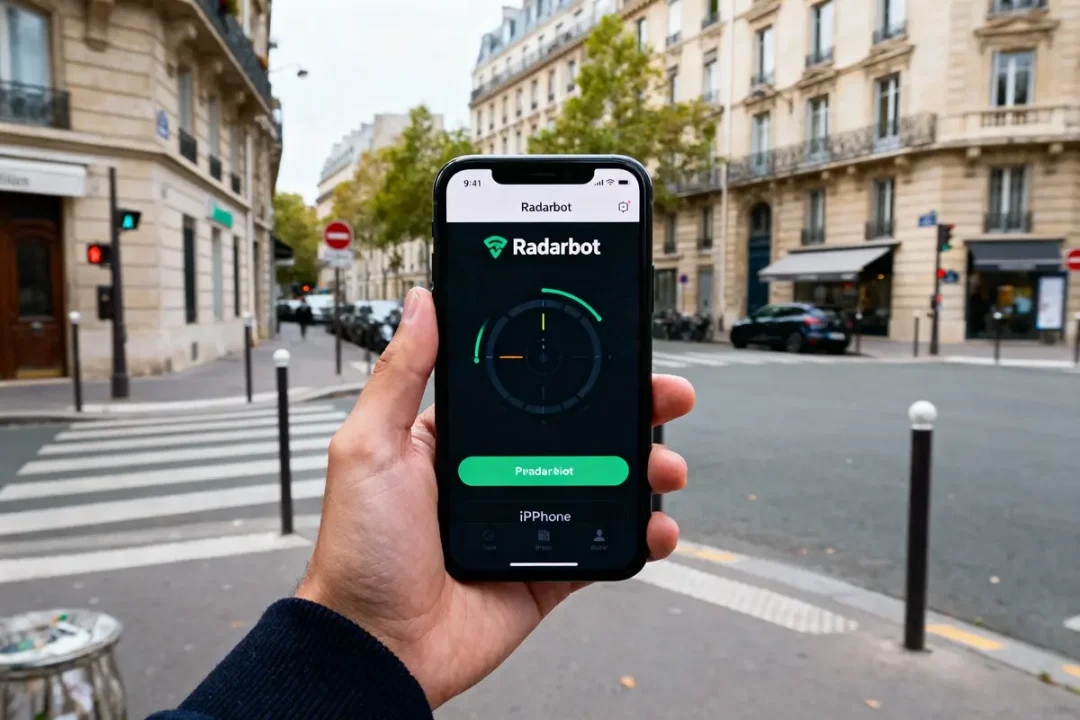Personne tenant smartphone avec appli Radarbot, rue parisienne en arrière-plan, bâtiments haussmanniens, passages piétons.