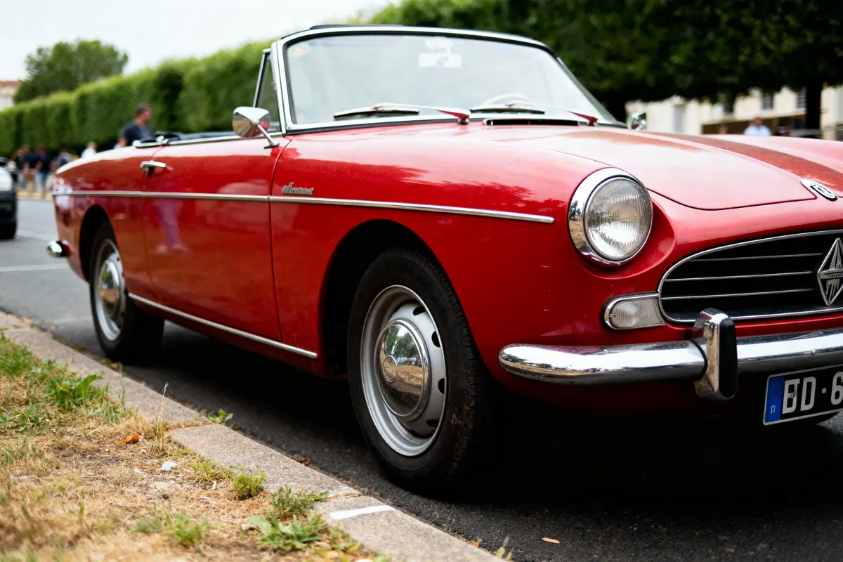 Voiture ancienne rouge décapotable garée sur le bord de la route, arbres en arrière-plan.